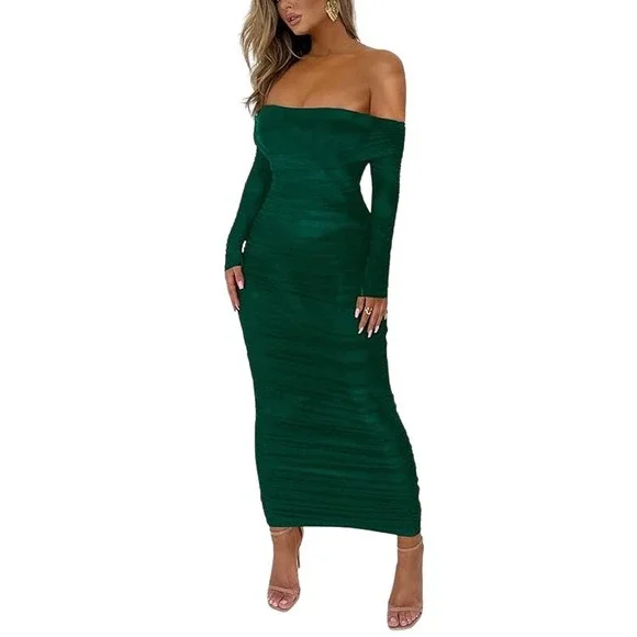 PrettyGarden | Dresses | Fall Off Shoulder Maxi Bodycon Dress Ls Ruched  Club Dress W Slit Md Green | Poshmark